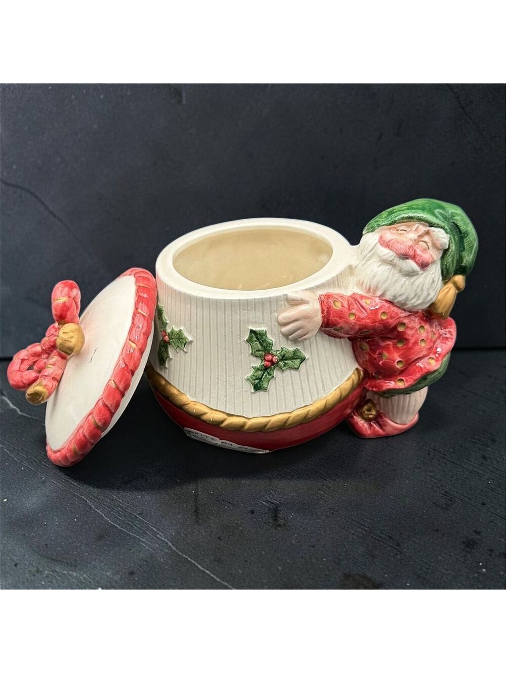 Vtg. Fitz & Floyd Old World Christmas Elves Sugar Bowl Santa Lidded Dish 4" x 5"